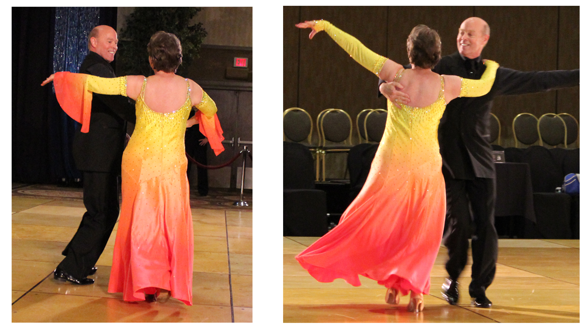 Pat McCrary and instructor, Dave Watson. Dress by Teresa Sigmon, founder of Seams Sensational, creator of the SEW LIKE A PRO™ online training school. Custom dying by Marliss Jensen of www.iriscolorstudio.com